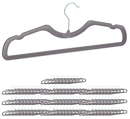 Relaxdays 100 x beflockte Kleiderbügel, Rutschfester Samtbezug, platzsparend, Steg & Kerben, Samtbügel, Breite 42 cm, grau