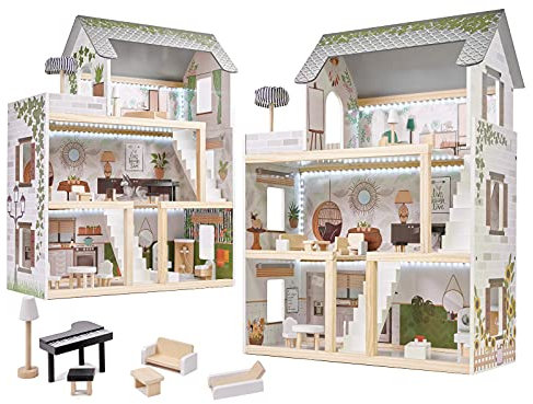 ikonka, Puppenhaus aus Holz, 3 Etagen, 4 Zimmer und Terrasse, B62 x H78 x T26,5 cm, mit Miniaturmöbeln vollständig möbliert und dekoriert