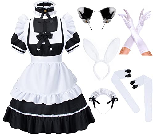 Anime French Women Bunny Maid Sweet Kawaii Costume Cosplay Dress Furry Cat Ear Gloves Socks set(Black M)