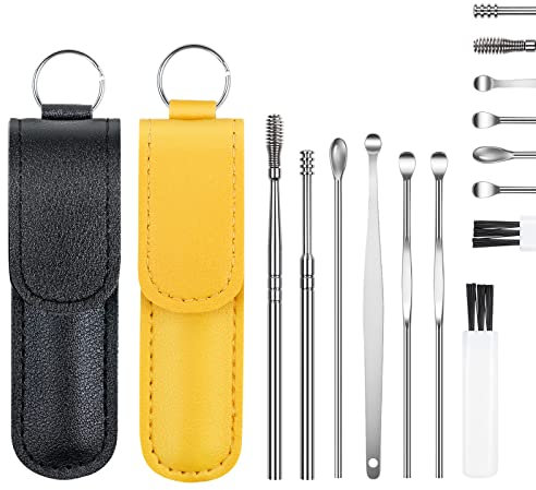 Vicloon Ohrenreiniger, Ohrenschmalz Entferner 14 in1 Ohrreiniger aus Edelstahl mit Tragbare Aufbewahrungstasche Ear Cleaner, Geeignet für Zuhause, Geschäftsreise, Reisen(Gelb+Schwarz)