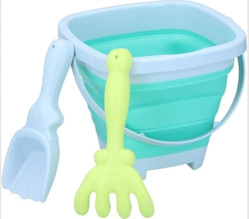 ABRUS 3 Pieces Kids Beach Bucket Play Set | Includes a Foldable collapsible Bucket, Spade and a Rake | Summer Outdoor Sandpit Beach Toys for Kids Toddlers