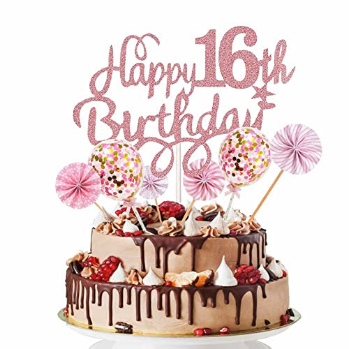 16.Geburtstag Tortendeko Probuk 7PCS Wiederverwendbar Glitzer Roségold Cake Topper Kuchendeko mit Papierfächer&Konfetti Luftballons,Partydekoration für Geburtstags/Hauspartys/Weihnachtsfeiern