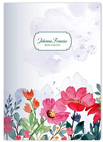 Kartenkaufrausch 8x personalisierte Garten Blumen DIN A4 Schulheft, Rechenhefte im Aquarell Stil gemalt in Rot Lineatur 28 (kariertes Heft)