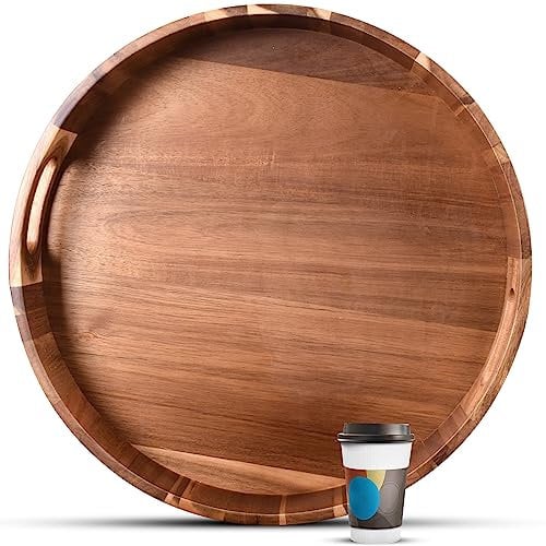 Extra Large Round Serving Tray, 20INCH, Heavy Duty Acacia Wood Trays for Big Ottoman Coffee Table Counter Giant Decorative Organizer Tray, Huge Kitchen Serveware Cheese Board Charcuterie Tray