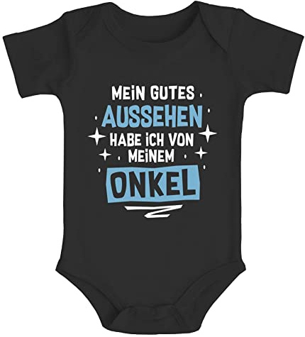 MoonWorks® Baby Body Mein gutes Aussehen hab ich von meiner Tante/meinem Onkel lustige Sprüche Bio-Baumwolle Jungen & Mädchen Onkel schwarz 12-18 Monate