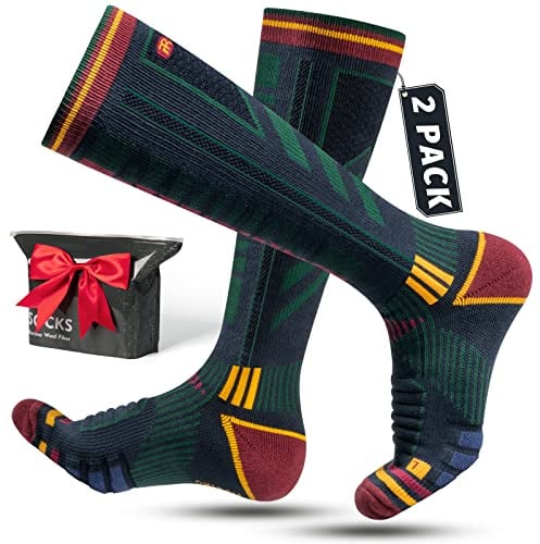 Rahhint 2 Pairs Merino Wool Ski Socks for Men,Compression Snowboard Socks,Knee High Thick Thermal Socks for Cold Weather，Breathable Quick Dry,Anti wear & Non slip,Size 3-15