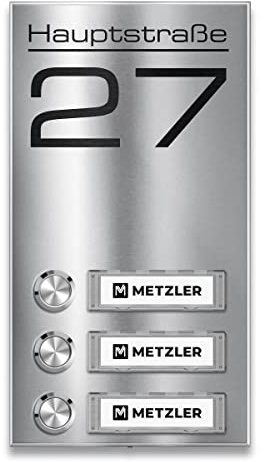Metzler® sonnette sans fil 3 foyers avec plaques nominatives interchangeables et bouton LED – inox brossé RAL 7016, portée 300 m, gravure personnalisée incluse, montage en saillie, Tara M3