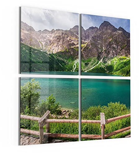 DEQORI Glasbilder Echtglas | Motiv See vor Bergkulisse | quadratisch 4-teilig 100x100 cm | große XXL Deko | Wandbilder für Wohnzimmer, Schlafzimmer, Flur & Küche | moderne Wanddeko