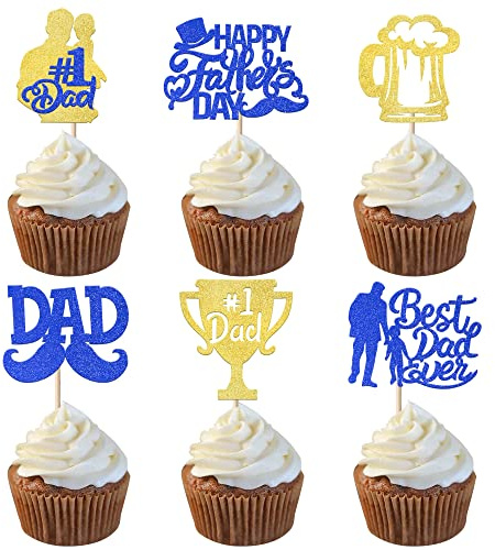 SYKYCTCY 24 Pack Best Dad Ever Cupcake Toppers Glitter Happy Father's Day Cupcake Picks for Father's Day Love Dad Moustache Hat Birthday Cake Decorations Party Supplies