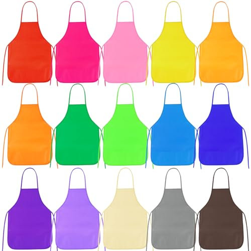PLULON 15 Pcs Kids Apron Painting Aprons, Kids Aprons for Painting Art Apron Smocks Bulk for Art Activity Craft Home Kitchen Classroom Party Supplies