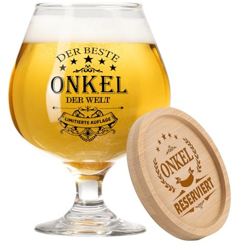 PRSTENLY Vatertagsgeschenk für Onkel, 17OZ Bierkrug Glas+Bambus Untersetzer Geschenke für Bester Onkel Patenonkel Männer Vatertag Geburtstag, Vatertagsgeschenk Geburtstagsgeschenk