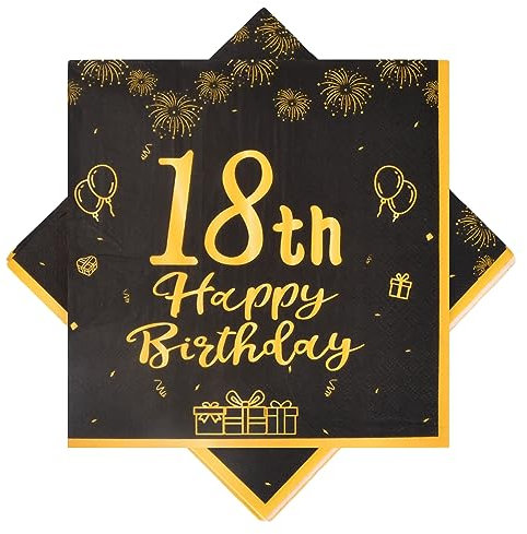 40 Stück Geburtstag Servietten Happy Birthday, Schwarze Serviette Perfekt für Geburtstag/18.Jahrestage von Erwachsenen, Schwarze Papierservietten Party-Tischdeko Party Napkins (18th)