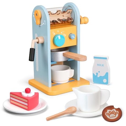 ICEKO Wooden Coffee Machine Toy , 11-pcs Toy Kitchen Accessories Set Age 3+, Kids Play Kitchen Playset with Moving Parts and Realistic Sounds, Ideal for Cafe Shop Role-Play