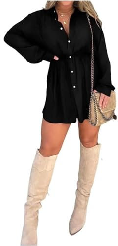 Gokame Satin Covered Nights Romper Dress, Satin Dress Set, Casual Button Shirt Dress Shorts Set, Solid Color Long Sleeve Shirt Suit (L, Black)