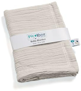 pic Bear Babydecke aus 100% Musselin-Baumwolle, 70x100 cm – Weich, hautfreundlich & vielseitig für Zuhause und Unterwegs (Oyster Mushroom)