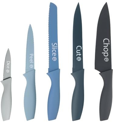 MasterChef Coltelli da Cucina, Collezione di Coltello Chef per Pane, Carne e Verdure, Acciaio Inox, Prova di Calore, Lavabile in Lavastoviglie, 5 Pezzi, Blu, Captions