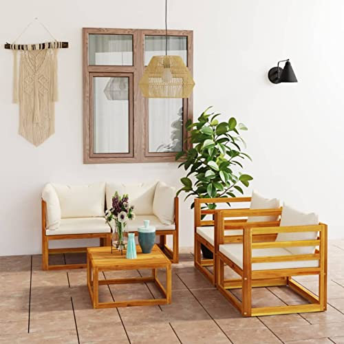 GuyAna 5-TLG. Garten-Lounge-Set mit Auflagen Creme Massivholz Akazie Hocker Couch Essecke Mit Eckbank Und Tisch