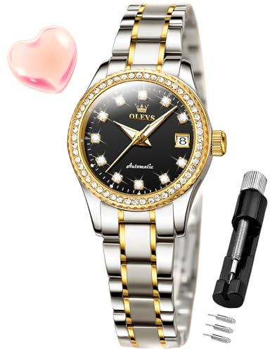 OLEVS Damen-Automatikuhr, Diamant, modisch, luxuriös, mechanisch, selbstaufziehend, Edelstahl, Damen-Armbanduhren für Frauen, leuchtend, wasserdicht, 7003, Schwarz, Uhren für Damen