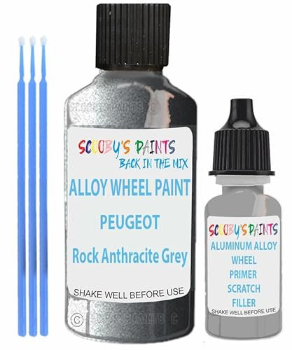 SCOOBYS PAINTS BACK IN THE MIX Alloy Wheel Repair Touch Up Paint Compatible With Peugeot Rims Curbing Scratch Stone Chip With Anti Rust Grey Primer