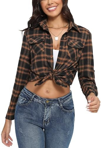 Yukiuiny Chemisier Carreaux 100% Coton Femme Chemise Bucheron Western T Shirt Casual Décontractée Classique Retro Ecossaise Flanelle Blouse Gilet Vintage Brun Noir L
