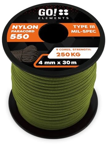 GO!elements 30m Paracord Seil aus reißfester Nylonschnur - 4mm Paracord 550 Typ III Schnur - geeignet als Allzweckseil & Reepschnur - Max. 250kg, Farbe: Oliv