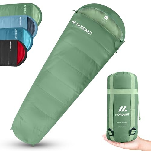 NORDMUT® Schlafsack Erwachsene – kleines Packmaß & Ultraleicht (900/1500g) – 3-Jahreszeiten (250 GSM) & Sommerschlafsack (100 GSM) – Mumienschlafsack für Camping, Outdoor & Festivals