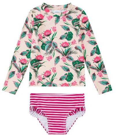 upandfast Baby/Mädchen Rashguard-Set UPF 50+ Badeanzug Mädchen Langarm Bademode(3 Jahre,Grün Rosa Blume)