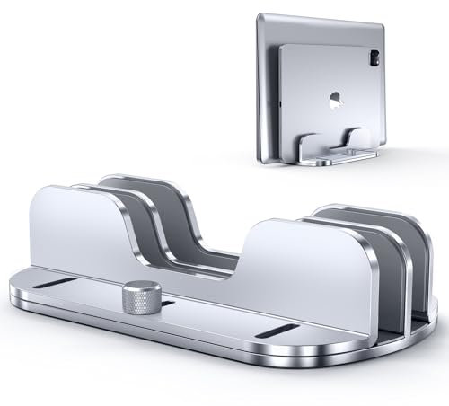 Lucrave Vertical Laptop Stand for Desk, Aluminium Dual Slots Desktop Holder, Adjustable Notebook Dock Fits All MacBook, Surface, HP Notebook, Dell, Chromebook, Lenovo, Up to 17.3 inch Laptop Tablet