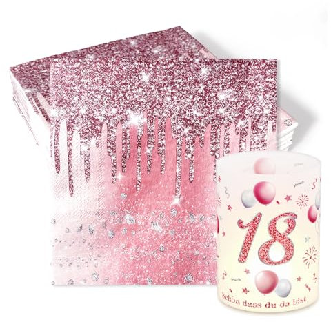 32 Stück Servietten Geburtstag+8 Stück Windlicht Tischdeko 18 Geburtstag Schön DASS Du Da Bist Deko 18. Geburtstag Mädchen Geburtstag Windlichter Servietten Rosa Geburtstag Party Deko