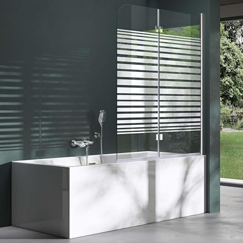 Mai & Mai Folding Shower Screen for Baths | Bath Shower Screen | WH: 120×140cm | Safety Glass with Nano | 2 Folding Screens | 180 Degree Pivot | Frosted Striped Glass | Cortona1408S