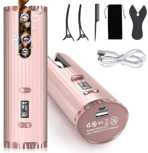 Lockenstab Automatisch, Tragbarer Kabelloser Lockenstäbe mit LCD-Display, 6 Temperatur und Timer, Wiederaufladbar über USB, Professional Keramik-Lockenwickler, für Vielzahl von lockigen Frisuren