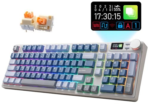 iRocks K85R Wireless Rechargeable RGB Backlit Mechanical Gaming Keyboard with LCD Display, Hot-Swappable Pre-lubed Switches, 98 PBT Keys, USB-C Detachable Cable (Aurora Blue, Silent Bubble Switch)