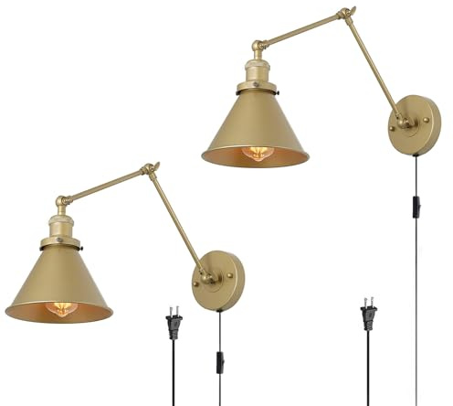 Innen Vintage Wandleuchte mit Schalter Wandlampe Langer Swing Arm Verstellbar mit Kabel Stecker Wandleuchten Strahlwinkel Einstellbar Beleuchtung Wandbeleuchtung für Schlafzimmer (Gold,2 Stück)