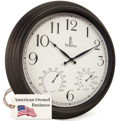 18 inch Outdoor Clocks for Patio Large Waterproof with Thermometer - Black Indoor Outdoor Clock with Temperature and Humidity for Wall - Weatherproof, Accurate & Easy to Read for Pool, Patio & Garden