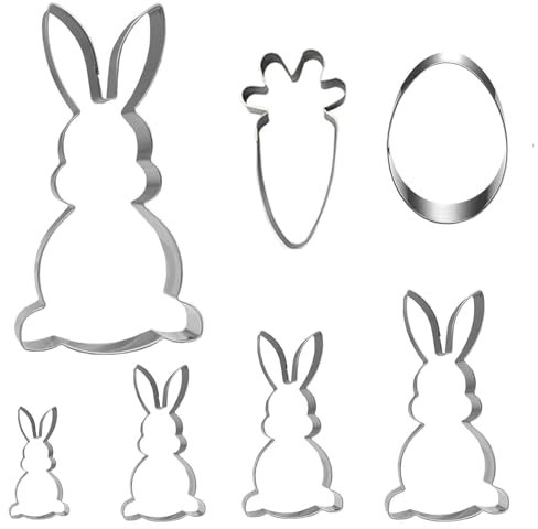 OUQIWEN 7 Stück Ausstechform Ostern,Ausstechform Osterhase,Groß Hasen Keksausstecher,5 Hasen Ausstecher unterschiedlicher Größe, 1 Karotte,Ei