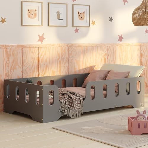 smartwood Bodenbett 120x200 Grau - Montessori Kinderbett aus Holz mit FSC-Zertifikat TILA 2L mit Rausfallschutz & Lattenrost bis 300kg belastbar - Einfache Montage