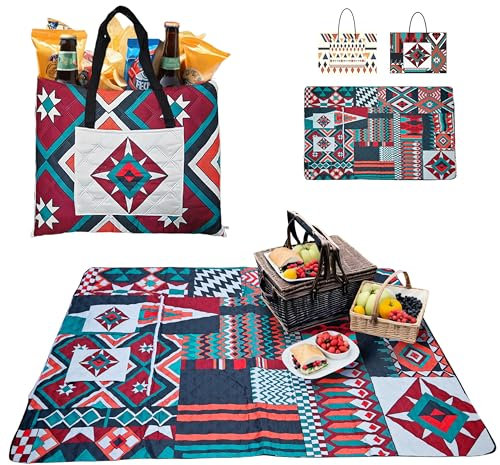 Inqzen Picknickdecke, Handtasche/Picknickmatte 2-in-1, Wasserdicht & Maschinenwaschbar, Stranddecke, campingdecke, Leichtgewicht, Faltbare strandmatte, Strandurlaub (100x150 cm, Bordeauxrot)