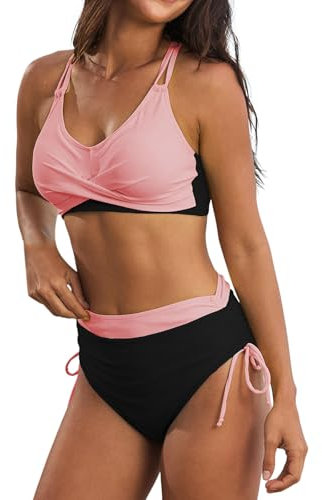 Einfarbiger Patchwork-String-Bikini für Damen Schiri Uhr (Black, XL)