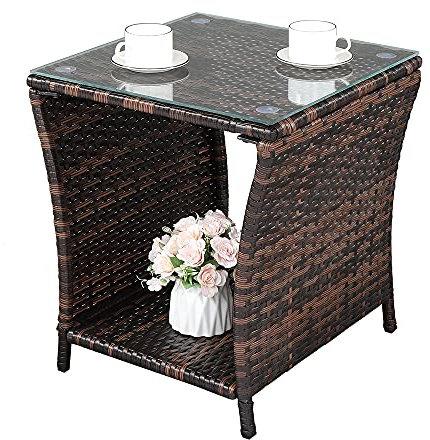 Bonnlo Small Garden Table, Rattan Patio Table with Glass Top & Shelf Under, Weatherproof for Indoor Outdoor, 46x46x50cm Brown