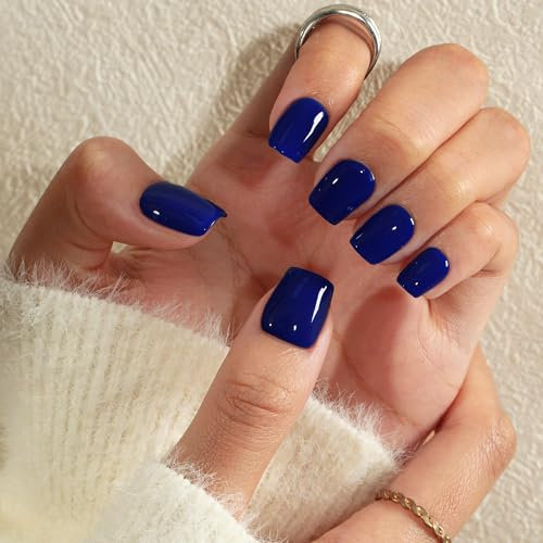 KQueenest Navy Blue Press on Nails Short Square, Short False Nails with Glue, Glossy Solid Dark Midnight Blue Fake Nails Set, Natural Fit, Opaque Small Reusable Gel Stick on Nail for Women 24 Pcs