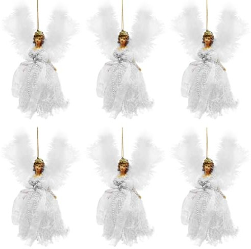 Bosreroy Juego de 6 ángeles de Navidad de felpa con alas de plumas blancas y pelo dorado para decoración de árbol de Navidad