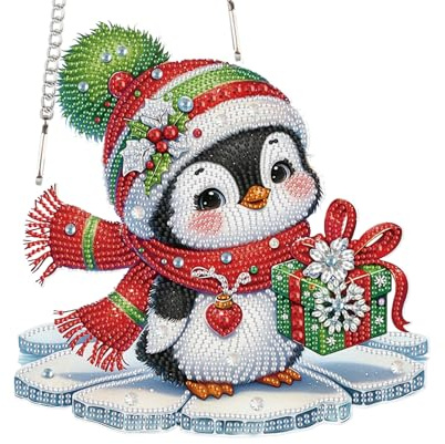 JICFDAO Diamond Painting Anhänger Pinguin 239x241mm Diamond Painting Hängen Ornamente mit Kette Diamant Malerei Anhänger Pendant Haustür Wand Fenster Weihnachtsdekor Wandbehang Kits Bastel Malset