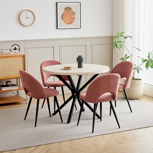 DEYARNA HOME 100cm Runder Esstisch (Travertin-Maserung) mit 4 Esstischstühlen aus Samt, Tisch und 4 Stühle für Küche, Esszimmer, Wohnzimmer und Büro (Gelber Travertin Tisch+Rosa Stühle)