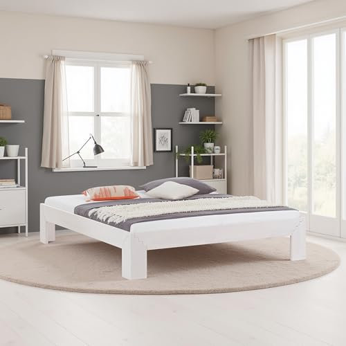 WOODLIVE DESIGN BY NATURE Massivholz-Bett Selina weiß 140 x 200 cm aus Kernbuche, als Doppel- und Jugend-Bett verwendbar inkl. verstellbarem Lattenrost