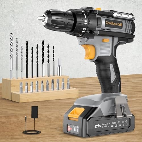 Bamse Cordless Drill 21V, Electric Drill, 1 Battery 2.0Ah Combi Set 42N.m Torque, 18+1 Torque, 2 Speeds, 20PCS Drill Set, LED Light for Garden DIY,Grey