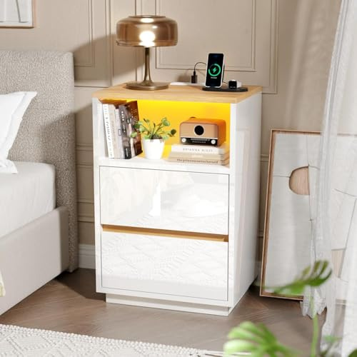 LEADZM Table de Chevet avec lumières LED avec Station de Charge | et Ports USB,Table d'appoint, Commode de Nuit, 40 x 30 x 60cm, Blanc Brillant Fiche européenne