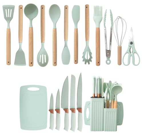 Küchenmesser Set,19 Stück Küchen Kochutensilien Set,Silikon Küchenutensilien mit 5 Teiligs Messersets und 1 Schere,Antihaft Kochset Küchenutensilien,Spülmaschinenfest (Wassergrün)