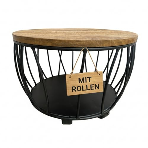 MR. DEKO Couchtisch rund Talsano Ø57x40 cm Mango Natur | Massiver Wohnzimmertisch Holz | Beistelltisch mit Ablagefach | Robustes Mangoholz Gestell | Kleiner Sofatisch Industrial Design |