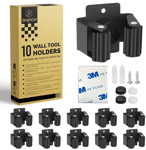 BrightOn® 10 Stainless Steel Wall Holders – Mop, Broom & Tool Organizer for Home & Garden - With 10 3M Adhesive pads, 20 Screws, 20 Wall Plugs, 20 Screw Caps, and 20 Washers