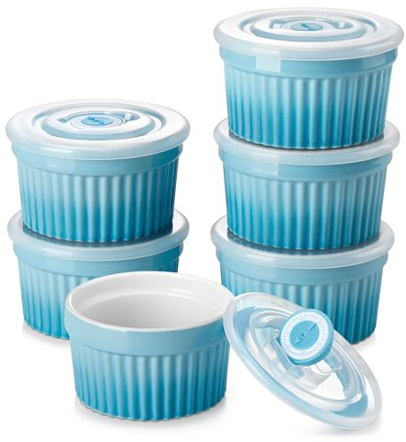 vancasso RAMEKINS 260ml Soufflé Förmchen Set von 6, Ø10,1cm Creme Brulee Schälchen Backofen sicher, Porzellan Soufflés mit Deckel, Kleine Keramik-Schalen, Mini Auflaufformen zum Backen, Blau